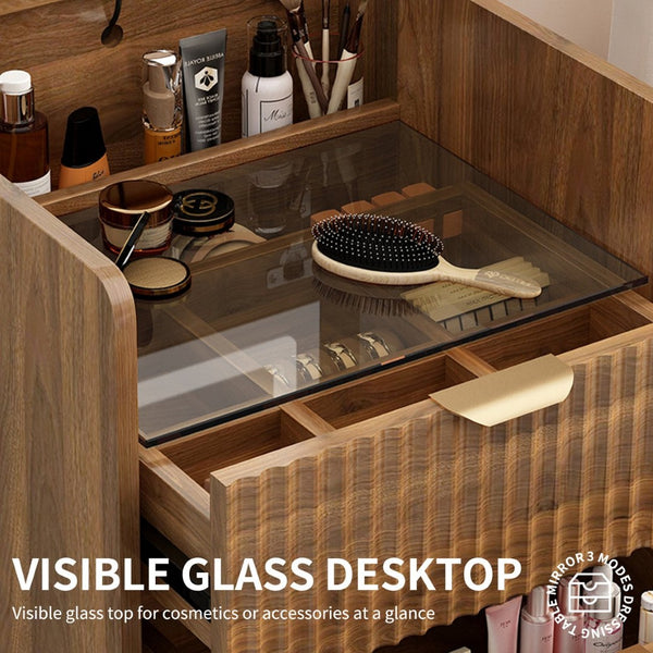 English Elm 3 in 1 Fluted Mdf Makeup Vanity with Flip Mirror Built Lighting and Rolling Stool W2641P504487
