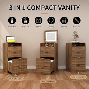 English Elm 3 in 1 Fluted Mdf Makeup Vanity with Flip Mirror Built Lighting and Rolling Stool W2641P504487