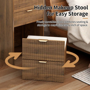 English Elm 3 in 1 Fluted Mdf Makeup Vanity with Flip Mirror Built Lighting and Rolling Stool W2641P504487