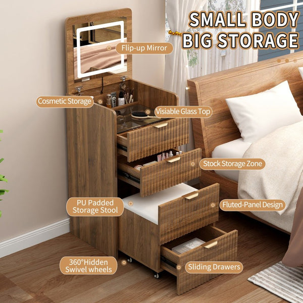 English Elm 3 in 1 Fluted Mdf Makeup Vanity with Flip Mirror Built Lighting and Rolling Stool W2641P504487