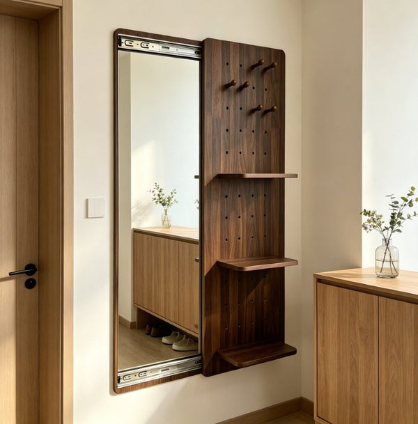 English Elm Full Length Sliding Mirror with Hidden Pegboard Shelves Wall Mounted Bedroom Organizer W2641P515062