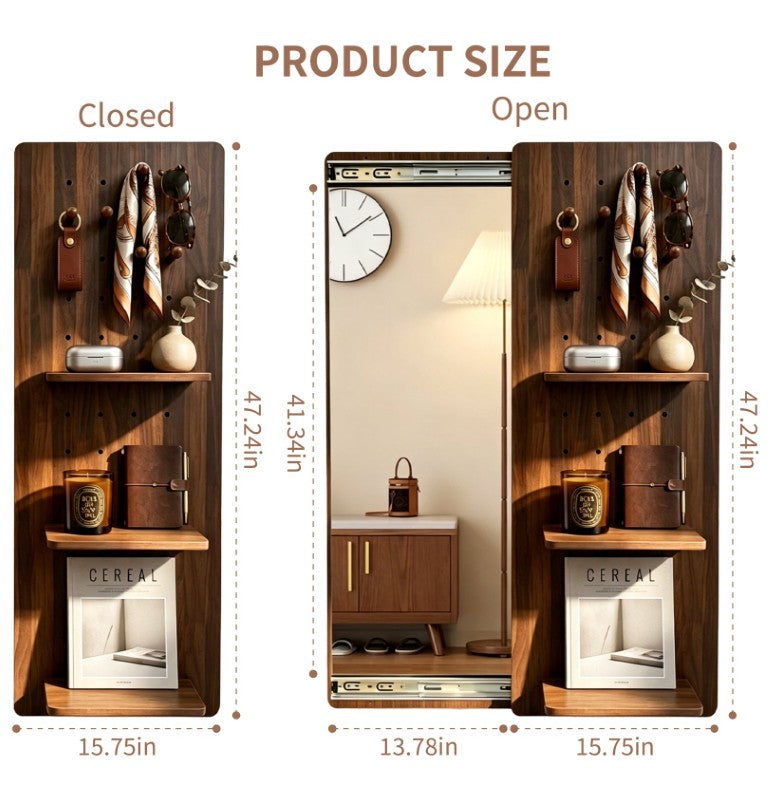 English Elm Full Length Sliding Mirror with Hidden Pegboard Shelves Wall Mounted Bedroom Organizer W2641P515062