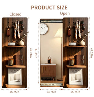 English Elm Full Length Sliding Mirror with Hidden Pegboard Shelves Wall Mounted Bedroom Organizer W2641P515062