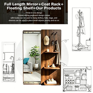 English Elm Full Length Sliding Mirror with Hidden Pegboard Shelves Wall Mounted Bedroom Organizer W2641P515062