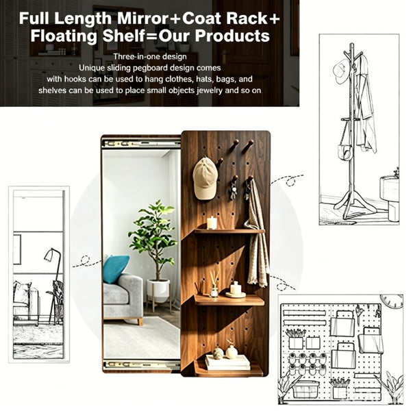 English Elm Full Length Sliding Mirror with Hidden Pegboard Shelves Wall Mounted Bedroom Organizer W2641P515062