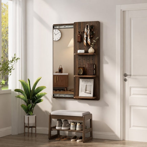 English Elm Full Length Sliding Mirror with Hidden Pegboard Shelves Wall Mounted Bedroom Organizer W2641P515062