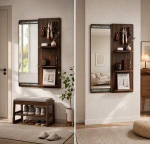 English Elm Full Length Sliding Mirror with Hidden Pegboard Shelves Wall Mounted Bedroom Organizer W2641P515062