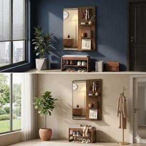 English Elm Full Length Sliding Mirror with Hidden Pegboard Shelves Wall Mounted Bedroom Organizer W2641P515062
