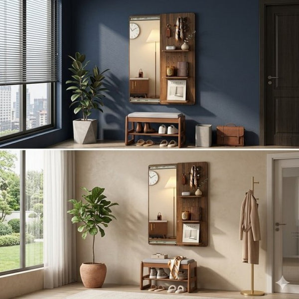 English Elm Full Length Sliding Mirror with Hidden Pegboard Shelves Wall Mounted Bedroom Organizer W2641P515062