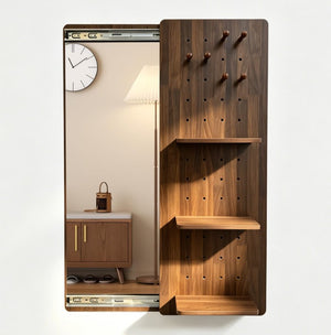 English Elm Full Length Sliding Mirror with Hidden Pegboard Shelves Wall Mounted Bedroom Organizer W2641P515062