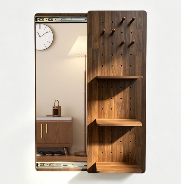 English Elm Full Length Sliding Mirror with Hidden Pegboard Shelves Wall Mounted Bedroom Organizer W2641P515062