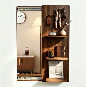 English Elm Full Length Sliding Mirror with Hidden Pegboard Shelves Wall Mounted Bedroom Organizer W2641P515062