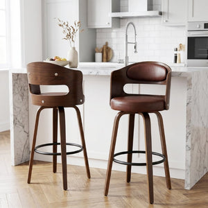 English Elm Bar Stools Set of 2 Mid-Century Swivel Counter Seats with Wood Back PU Leather W2641P525107