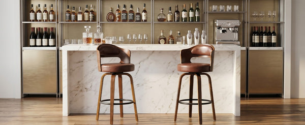 English Elm Bar Stools Set of 2 Mid-Century Swivel Counter Seats with Wood Back PU Leather W2641P525107