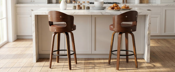 English Elm Bar Stools Set of 2 Mid-Century Swivel Counter Seats with Wood Back PU Leather W2641P525107