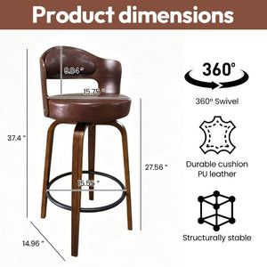 English Elm Bar Stools Set of 2 Mid-Century Swivel Counter Seats with Wood Back PU Leather W2641P525107