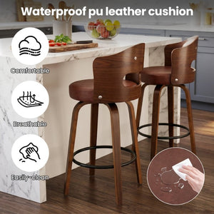 English Elm Bar Stools Set of 2 Mid-Century Swivel Counter Seats with Wood Back PU Leather W2641P525107