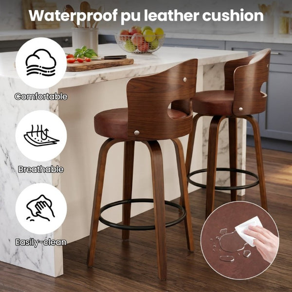 English Elm Bar Stools Set of 2 Mid-Century Swivel Counter Seats with Wood Back PU Leather W2641P525107