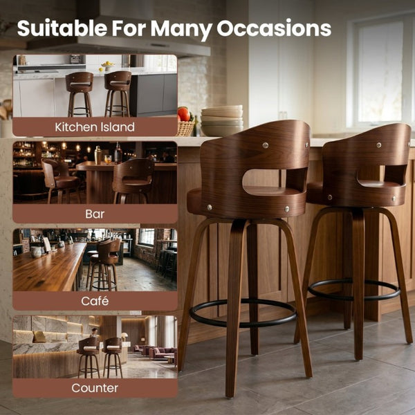 English Elm Bar Stools Set of 2 Mid-Century Swivel Counter Seats with Wood Back PU Leather W2641P525107