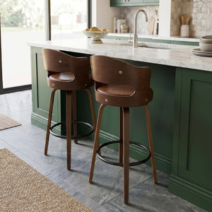 English Elm Bar Stools Set of 2 Mid-Century Swivel Counter Seats with Wood Back PU Leather W2641P525107