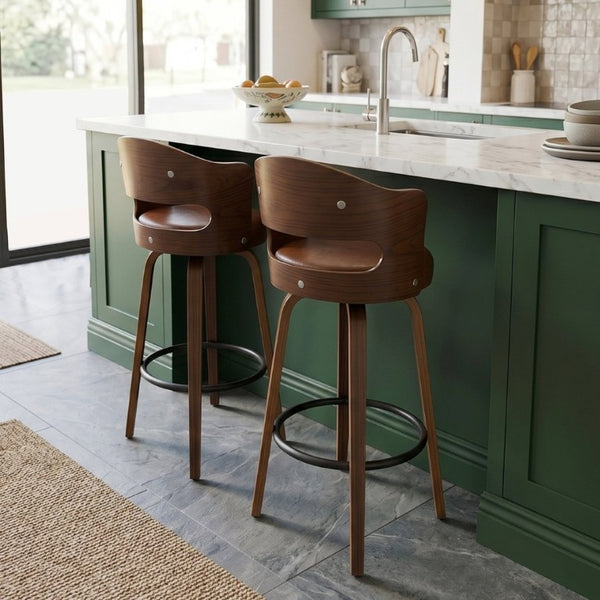 English Elm Bar Stools Set of 2 Mid-Century Swivel Counter Seats with Wood Back PU Leather W2641P525107