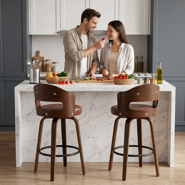 English Elm Bar Stools Set of 2 Mid-Century Swivel Counter Seats with Wood Back PU Leather W2641P525107