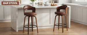 English Elm Bar Stools Set of 2 Mid-Century Swivel Counter Seats with Wood Back PU Leather W2641P525107