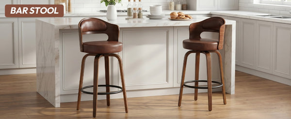 English Elm Bar Stools Set of 2 Mid-Century Swivel Counter Seats with Wood Back PU Leather W2641P525107