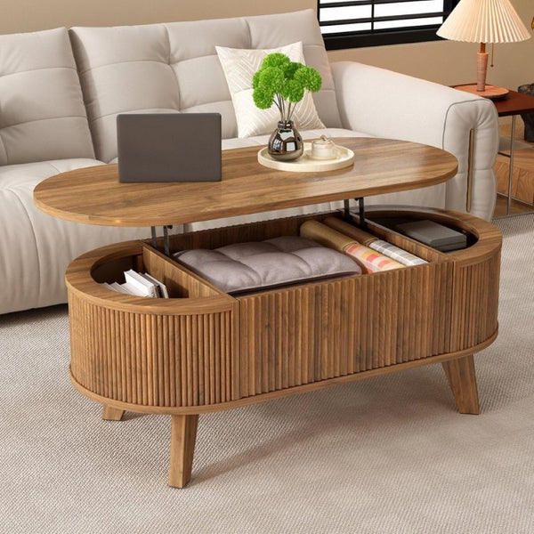 English Elm Fluted Oval Lift Top Coffee Table with Hidden Storage and Warm Walnut Finish W2641P526930