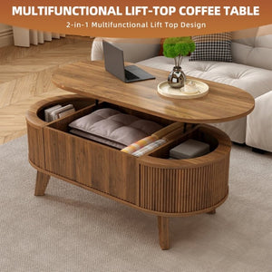 English Elm Fluted Oval Lift Top Coffee Table with Hidden Storage and Warm Walnut Finish W2641P526930