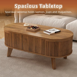 English Elm Fluted Oval Lift Top Coffee Table with Hidden Storage and Warm Walnut Finish W2641P526930