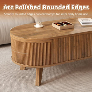 English Elm Fluted Oval Lift Top Coffee Table with Hidden Storage and Warm Walnut Finish W2641P526930