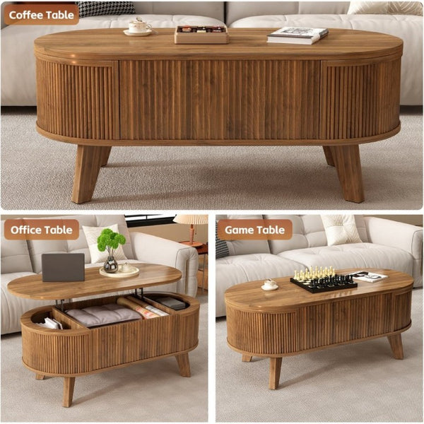 English Elm Fluted Oval Lift Top Coffee Table with Hidden Storage and Warm Walnut Finish W2641P526930
