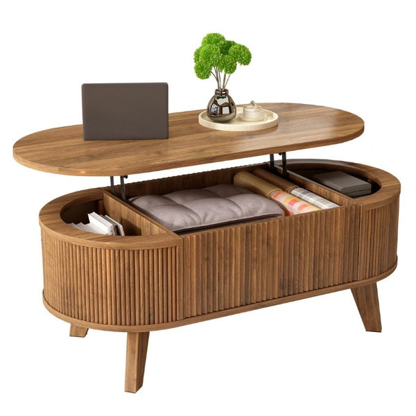English Elm Fluted Oval Lift Top Coffee Table with Hidden Storage and Warm Walnut Finish W2641P526930