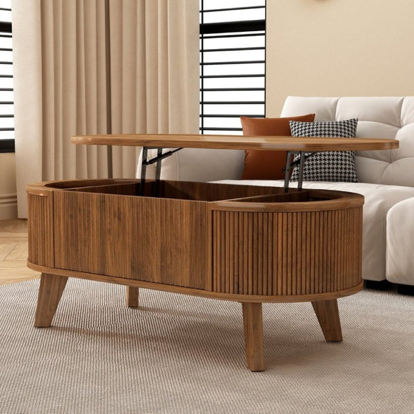 English Elm Fluted Oval Lift Top Coffee Table with Hidden Storage and Warm Walnut Finish W2641P526930