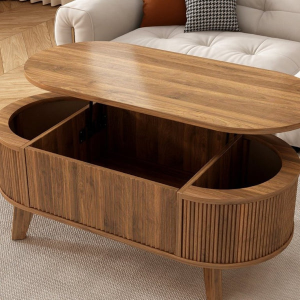 English Elm Fluted Oval Lift Top Coffee Table with Hidden Storage and Warm Walnut Finish W2641P526930