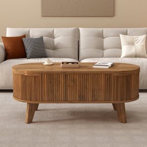 English Elm Fluted Oval Lift Top Coffee Table with Hidden Storage and Warm Walnut Finish W2641P526930