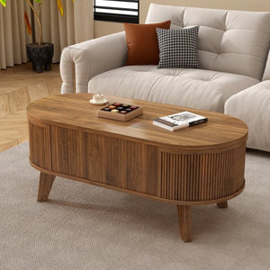 English Elm Fluted Oval Lift Top Coffee Table with Hidden Storage and Warm Walnut Finish W2641P526930