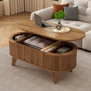 English Elm Fluted Oval Lift Top Coffee Table with Hidden Storage and Warm Walnut Finish W2641P526930
