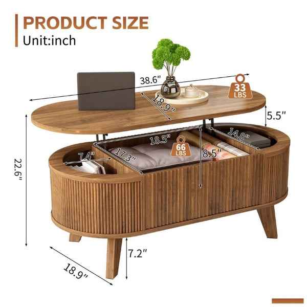 English Elm Fluted Oval Lift Top Coffee Table with Hidden Storage and Warm Walnut Finish W2641P526930