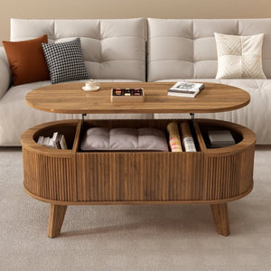English Elm Fluted Oval Lift Top Coffee Table with Hidden Storage and Warm Walnut Finish W2641P526930
