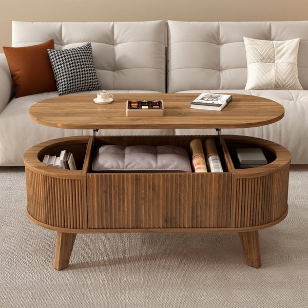 English Elm Fluted Oval Lift Top Coffee Table with Hidden Storage and Warm Walnut Finish W2641P526930