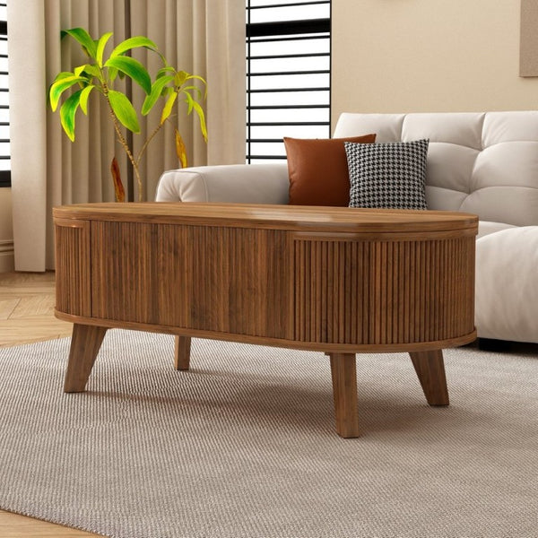 English Elm Fluted Oval Lift Top Coffee Table with Hidden Storage and Warm Walnut Finish W2641P526930