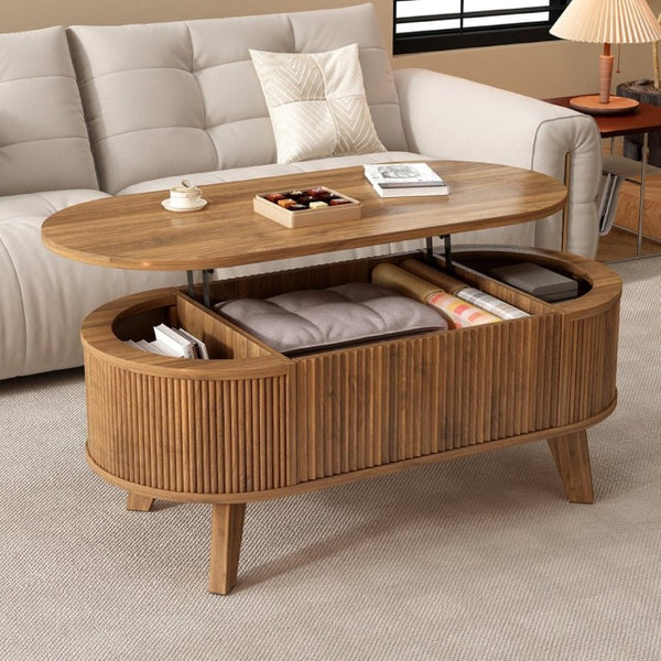 English Elm Fluted Oval Lift Top Coffee Table with Hidden Storage and Warm Walnut Finish W2641P526930
