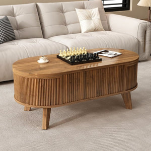 English Elm Fluted Oval Lift Top Coffee Table with Hidden Storage and Warm Walnut Finish W2641P526930