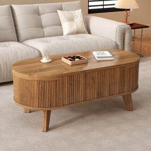 English Elm Fluted Oval Lift Top Coffee Table with Hidden Storage and Warm Walnut Finish W2641P526930