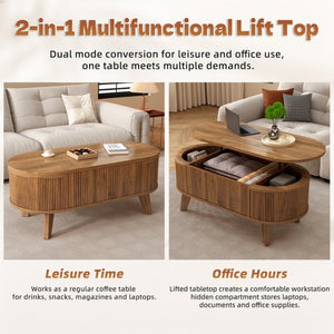 English Elm Fluted Oval Lift Top Coffee Table with Hidden Storage and Warm Walnut Finish W2641P526930