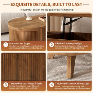 English Elm Fluted Oval Lift Top Coffee Table with Hidden Storage and Warm Walnut Finish W2641P526930