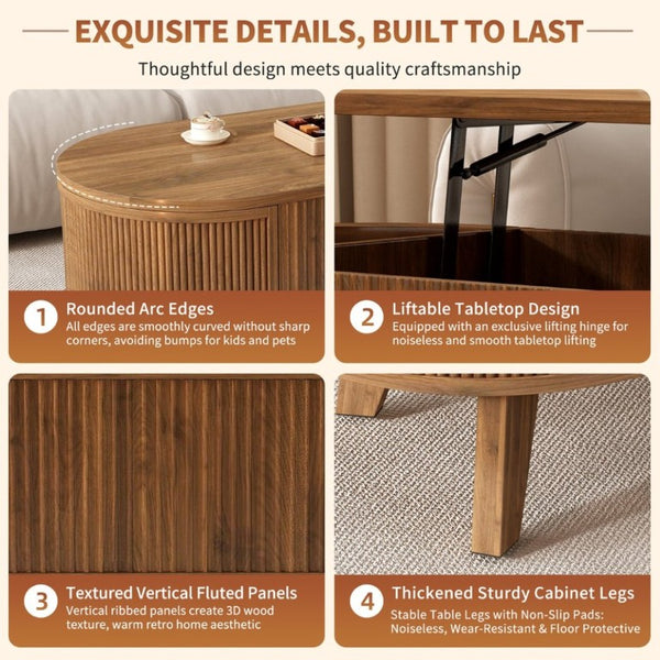 English Elm Fluted Oval Lift Top Coffee Table with Hidden Storage and Warm Walnut Finish W2641P526930