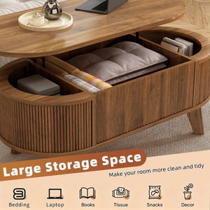 English Elm Fluted Oval Lift Top Coffee Table with Hidden Storage and Warm Walnut Finish W2641P526930